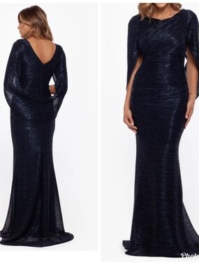 Betsy & Adam Navy Metallic Crinkle Cape Back Gown Formal Evening Dress 6 NWT